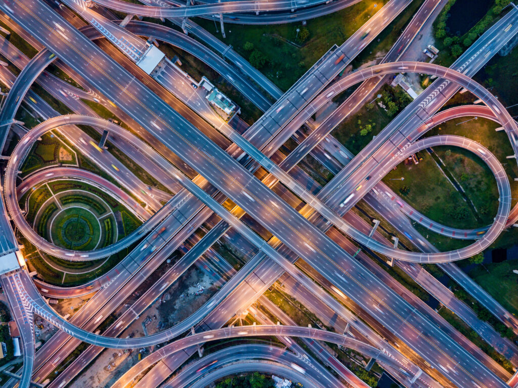 Top view of Highway road junctions at night