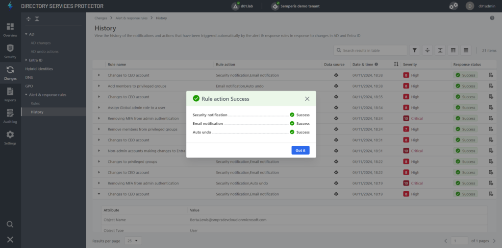 Semperis Directory Services Protector rule action success notification
