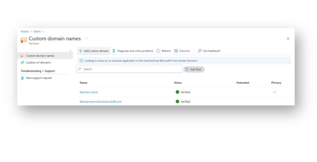 Screenshot showing a verified domain name in Entra ID