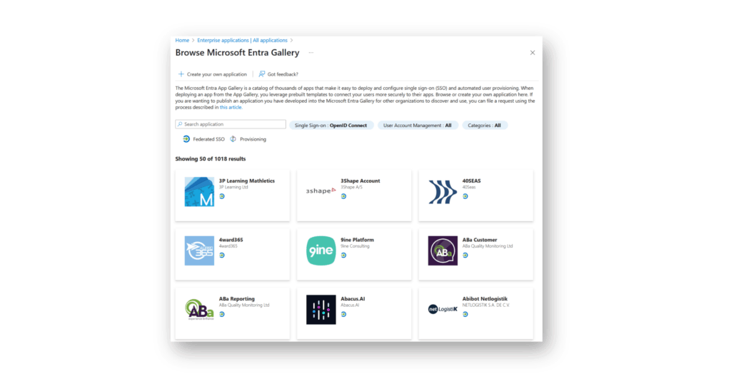 Screenshot showing the Microsoft Entra App Gallery