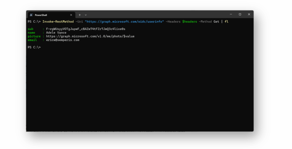 Screenshot showing the calling of the UserInfo endpoint