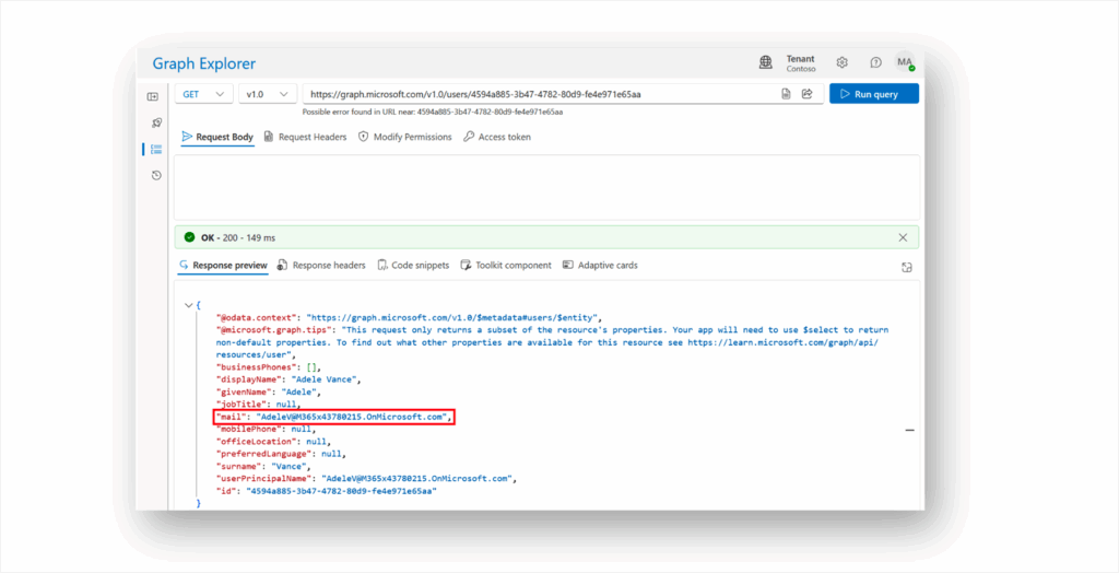 Graph Explorer window showing an account with a verified email address that matches userPrincipalName