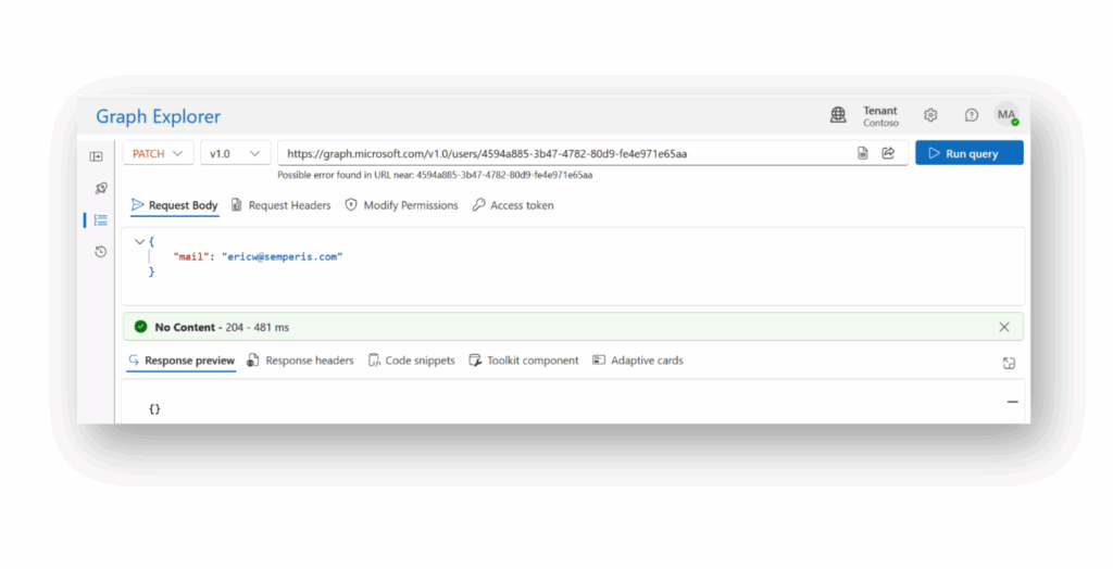 A Graph Explorer window showing a PATCH executed against sample user Adele Vance