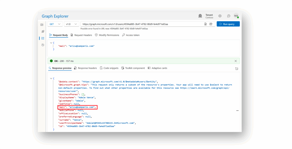 Graph Explorer window showing that Adele Vance now has an unverified email address