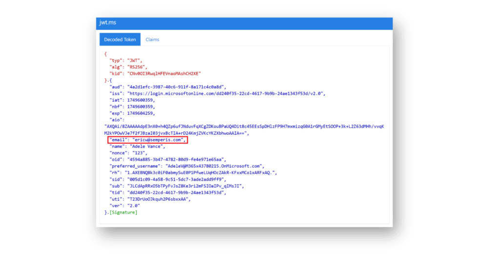 Screenshot showing a decoded ID token with an unverified email address