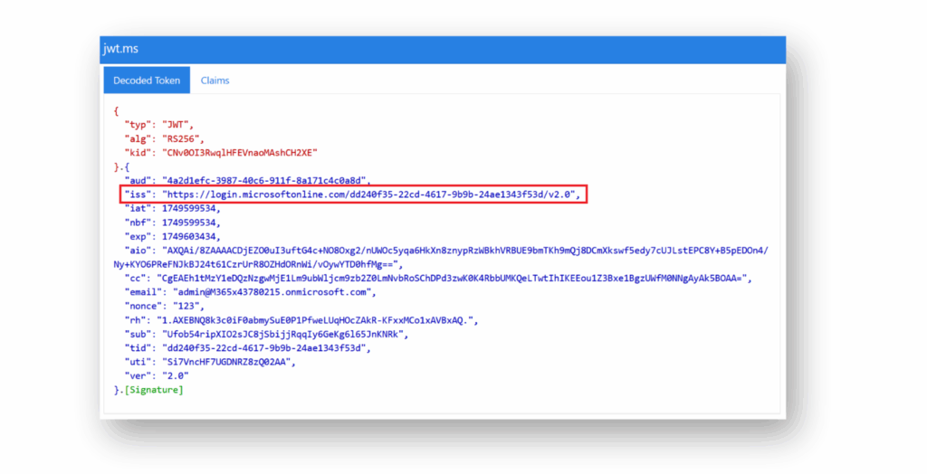 Screenshot highlighting the unique issuer claim