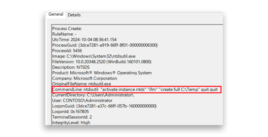 Process command-line logging reveals ntdsutil.exe use