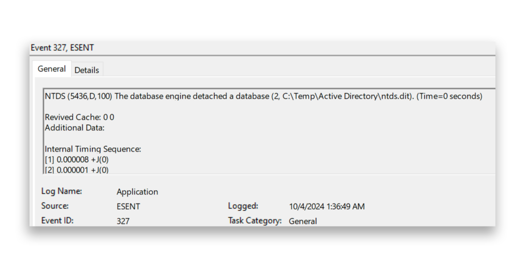 Copy of NTDS.DIT was made to the C:\Temp folder