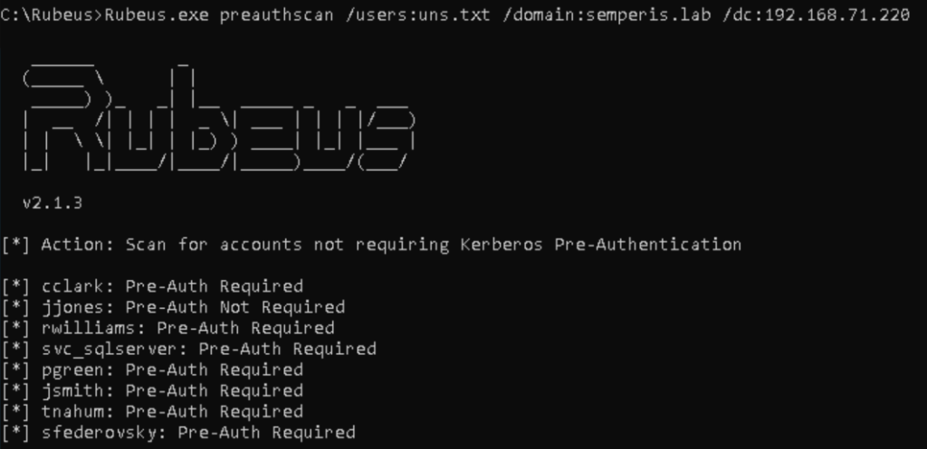 Figure 8. Output of a scan for accounts that do not require pre-auth