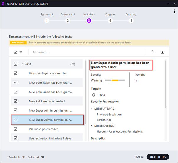 Figure 3: Purple Knight indicators screen with the Okta New Super Admin permission test checked