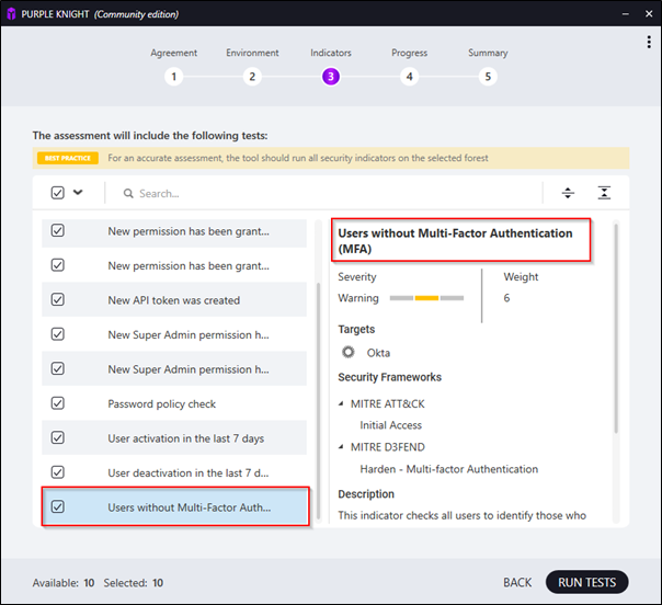 Screenshot of Purple Knight Okta indicators screen with Users without MFA test checked