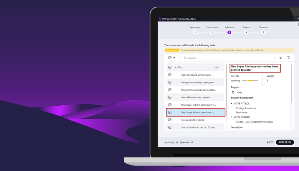 Purple Knight Okta indicators Super Admin and MFA screenshot